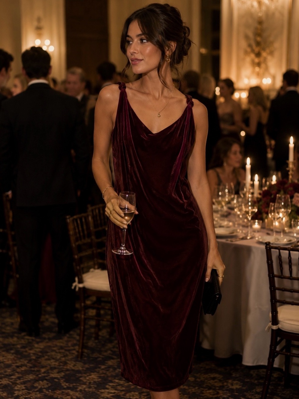 Love J Burgundy‎ Velvet Cowl Neck Midi Dress Adjustable Straps Wine Red Medium